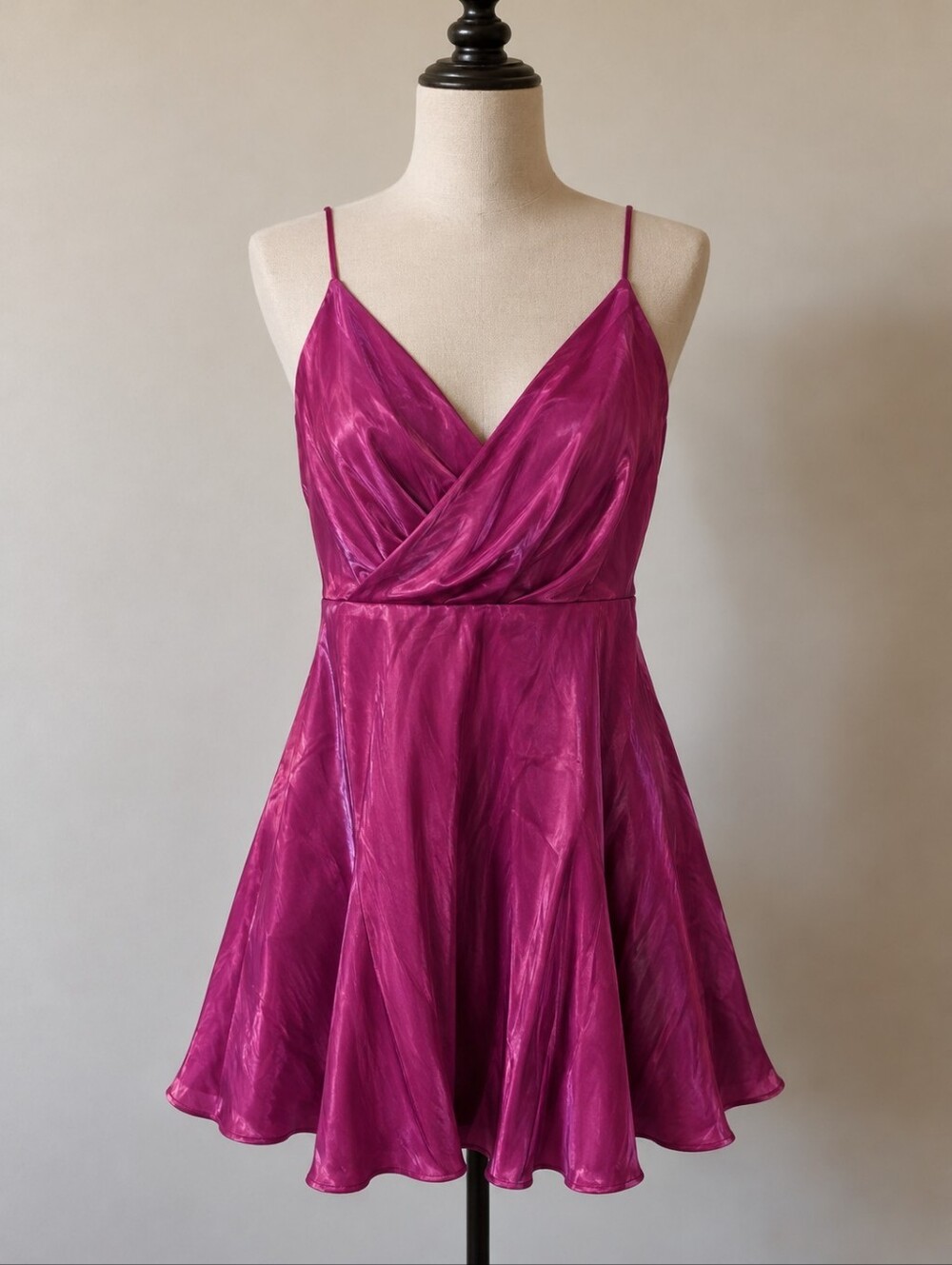 Fashion Nova Magenta Satin Holographic V-Neck Double Strap Mini Dress NWT